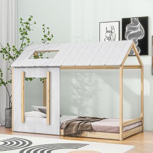 NicBex Twin Size Platform Bed 78.1" L Modern House-Shaped Pine Bed Frame with Roof and Window for Bedroom, No Box Spring Required, White and Natural - 1 of 4