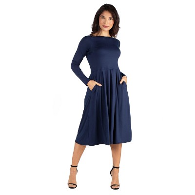 24seven Comfort Apparel Midi Length Fit N Flare Pocket Dress