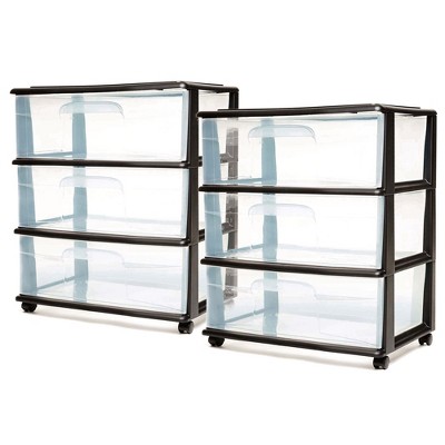 Homz Plastic 4 Drawer Medium Storage Tower, Clear Drawers & Black Frame (2 Pack)