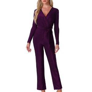Allegra K Women's Sparkly V Neck Long Sleeve Belt Night Party Clubwear Giltter Jumpsuits - 1 of 4