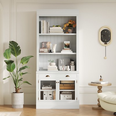 Tall Bookcase with Drawer and Glass Doors, Freestanding MDF Bookcase with Open Shelves for Living Room, 83.4 in Tall-3irtyhousy