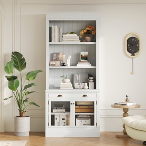 Tall Bookcase with Drawer and Glass Doors, Freestanding MDF Bookcase with Open Shelves for Living Room, 83.4 in Tall-3irtyhousy - 1 of 4
