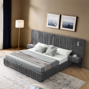 Queen Size Upholstered Platform Bed with Chenille Pleated Headboard, Integrated Bedside Tables & Adjustable Lamps-- Frevyn - 1 of 4