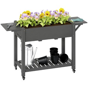 Outsunny Raised Garden Bed, Wood Elevated Planter Box with Lockable Wheels, Side Tables, Bottom Shelf, Bed Liner and Drainage Holes - 1 of 4