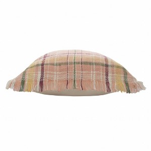 HomeRoots 20" Pink And Yellow Cotton Plaid Throw Pillow with Fringe - 1 of 4