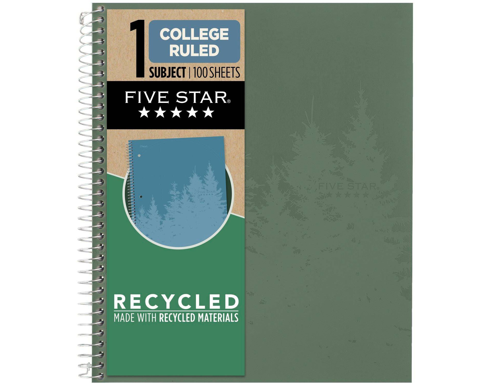 Five Star 100g College Ruled Notebook 11"x9.75" Olympic Green: Spiral, Single Subject, 100 Pages, 3 Hole Punched
