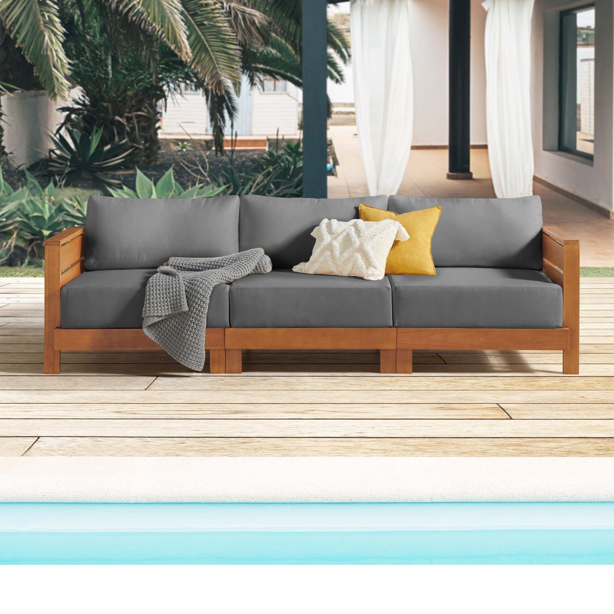 Alaterre Furniture Barton 3 Seater Outdoor Patio Sofa - Weather-Resistant Eucalyptus Wood Outdoor Couch with Thick Gray Cushions (Natural) - thumbnail 2