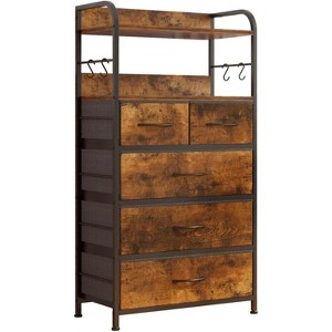 Acekool Vertical Dresser with 5 Fabric Drawers & Open Shelves, Tall Storage Organizer with Hooks - 1 of 4