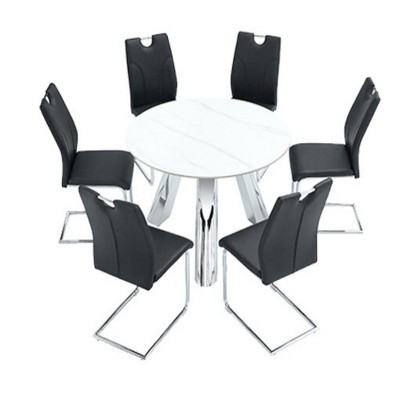 Infurnic Dining Sets Dining Table and Chair Set Mirror-polished Stainless Steel Base 6 Chairs Modern Luxury Round , Black, 42"*42"*29.5"