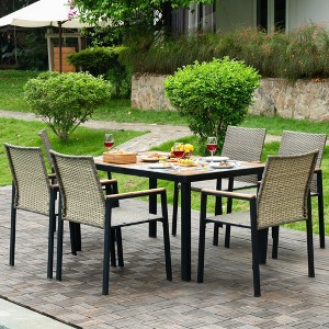 ELJGET 5/7 Pieces Patio Dining Table Sets, All Weather Patio Conversation Set with Acacia Wood Table Top and Umbrella Hole, Rattan Outdoor, Beige - 1 of 4