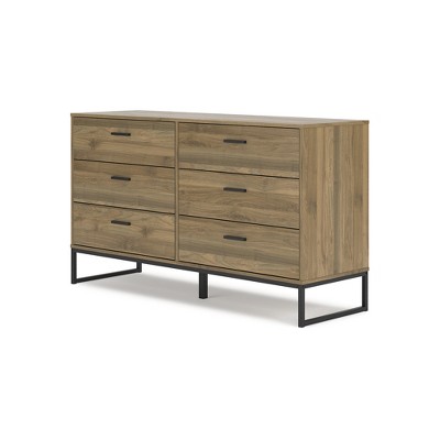 Honey Brown Mid-Century Modern 6-Drawer Dresser with Metal Legs