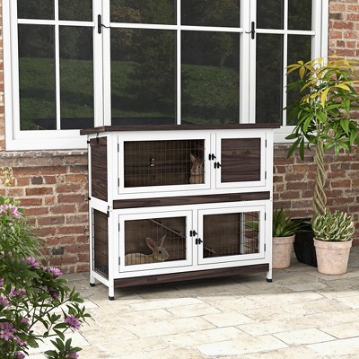 46" Brown and White Wooden Double-Decker Guinea Pig Hutch