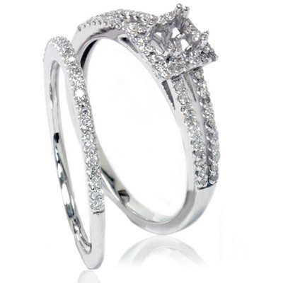 Pompeii3 3/8CT Split Shank Princess Cut Halo Engagement Ring Set Setting 14K White Gold
