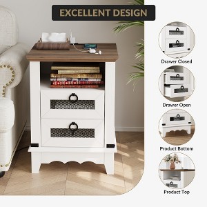 Farmhouse Industrial 24" End Table | 2-Drawer Nightstand with Charging Station & Open Cubby | Wood Side Table for Living Room, Bedroom, Sofa Side - 1 of 4