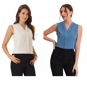 INSPIRE CHIC Women's Pleated V Neck Solid Work Sleeveless Blouse 2 Packs - 1 of 4