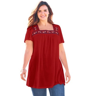 Woman Within Women's Plus Size Embroidered Square Neck Tunic