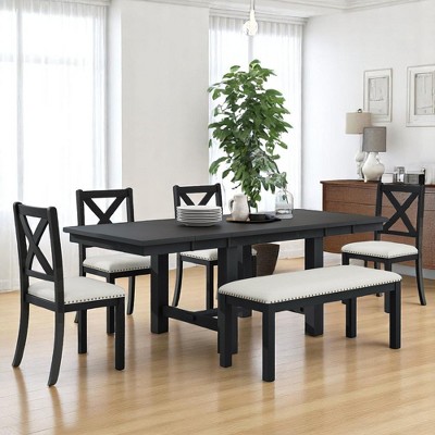 82" 6-Piece Extendable Dining Table Set with Removable Leaves, Footrest, 4 Upholstered Chairs and Bench, Kitchen Table Set for Dining Room