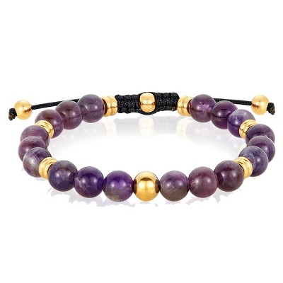 Crucible Men's Amethyst Stone and Gold Plated Steel Bead Adjustable Bracelet (8mm)