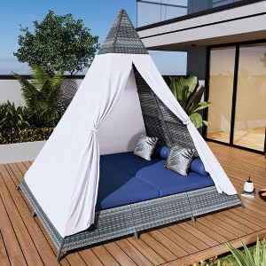 102"H Outdoor Patio Rattan Daybed, Tent Shape Wicker Double Sunbed with Colorful Pillows 4M -ModernLuxe - 1 of 4
