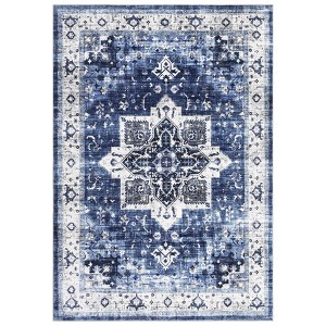 Washable Vintage Rug Non Slip Low Pile Rug Soft Retro Medallion Distressed Throw Floor Cover Foldable Indoor Carpet for Living Room Bedroom Playroom - 1 of 4