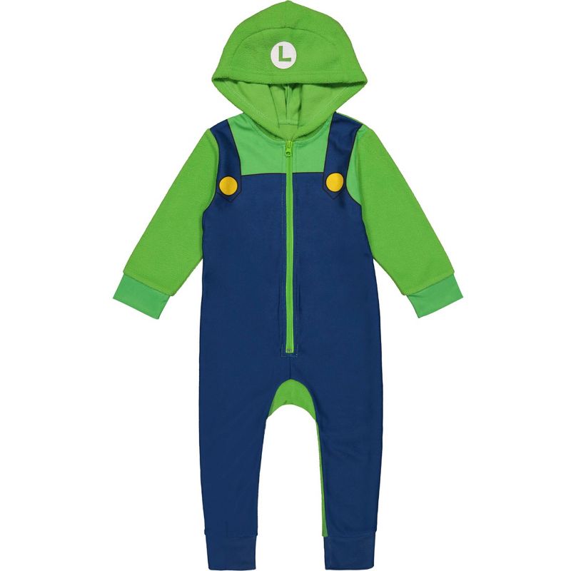 SUPER MARIO Nintendo Luigi Zip Up Cosplay Pajama Coverall Toddler, 1 of 8