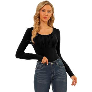 Allegra K Women's Solid Color Ruched Front Scoop Neck Long Sleeve Basic Tops