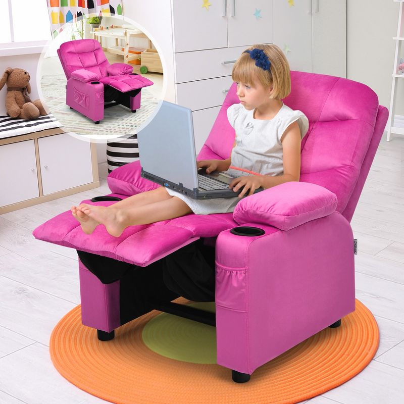 Costway Kids Youth Recliner Chair Velvet Fabric w/Cup Holder & Side Pocket Blue/Pink, 2 of 11