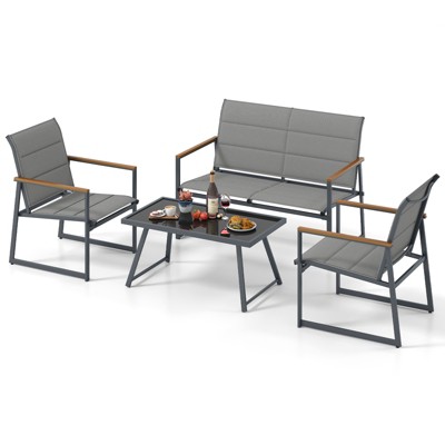 Tangkula 4 Piece Patio Furniture Set Outdoor Metal Conversation Set w/ Padded Fabric Seat