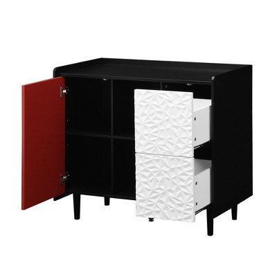 Lirago,35.43"D * 15.74"W * 31.49"H, Black & Red Sideboard Cabinet with 2 Drawers & Open Shelves, apply to Kitchen/Living Room/Dining Room