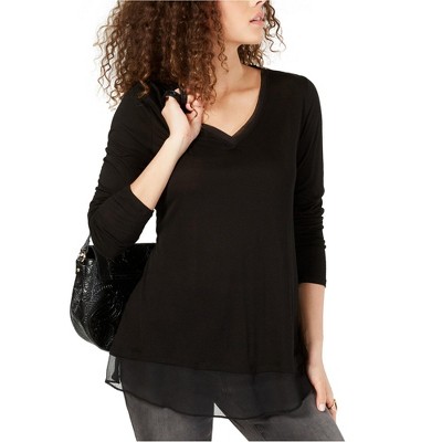 I.N.C International Concepts Womens Sheer trim Basic T-Shirt, Black, X-Small