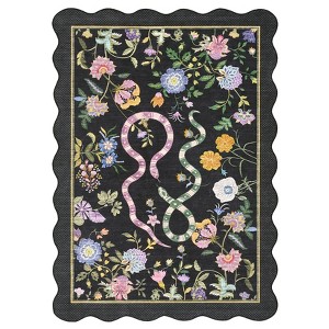 Washable Scalloped Living Room Rugs, Floral Snake Print Farmhouse Bedroom Carpet, Non Slip Low Pile Dining Room Rugs - 1 of 4