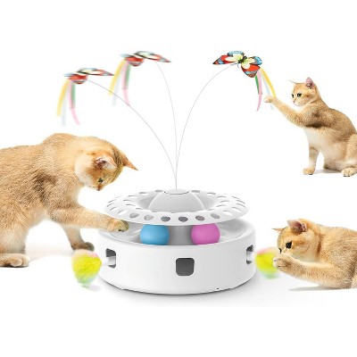 Attop Cat Toys 3in1 Automatic Interactive Kitten Toy, Fluttering Butterfly, Moving Feather, Track Balls Indoor Exercise Kicker White