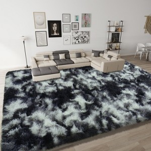 Extra Large Plush Shag Area Rug, 1.7" Thick Ultra Soft Non-Slip Tie-Dye Peacock Blue Mat - 1 of 4