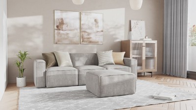 Gray Fabric Modular Right Armrest Side Chair with Solid Wood Frame