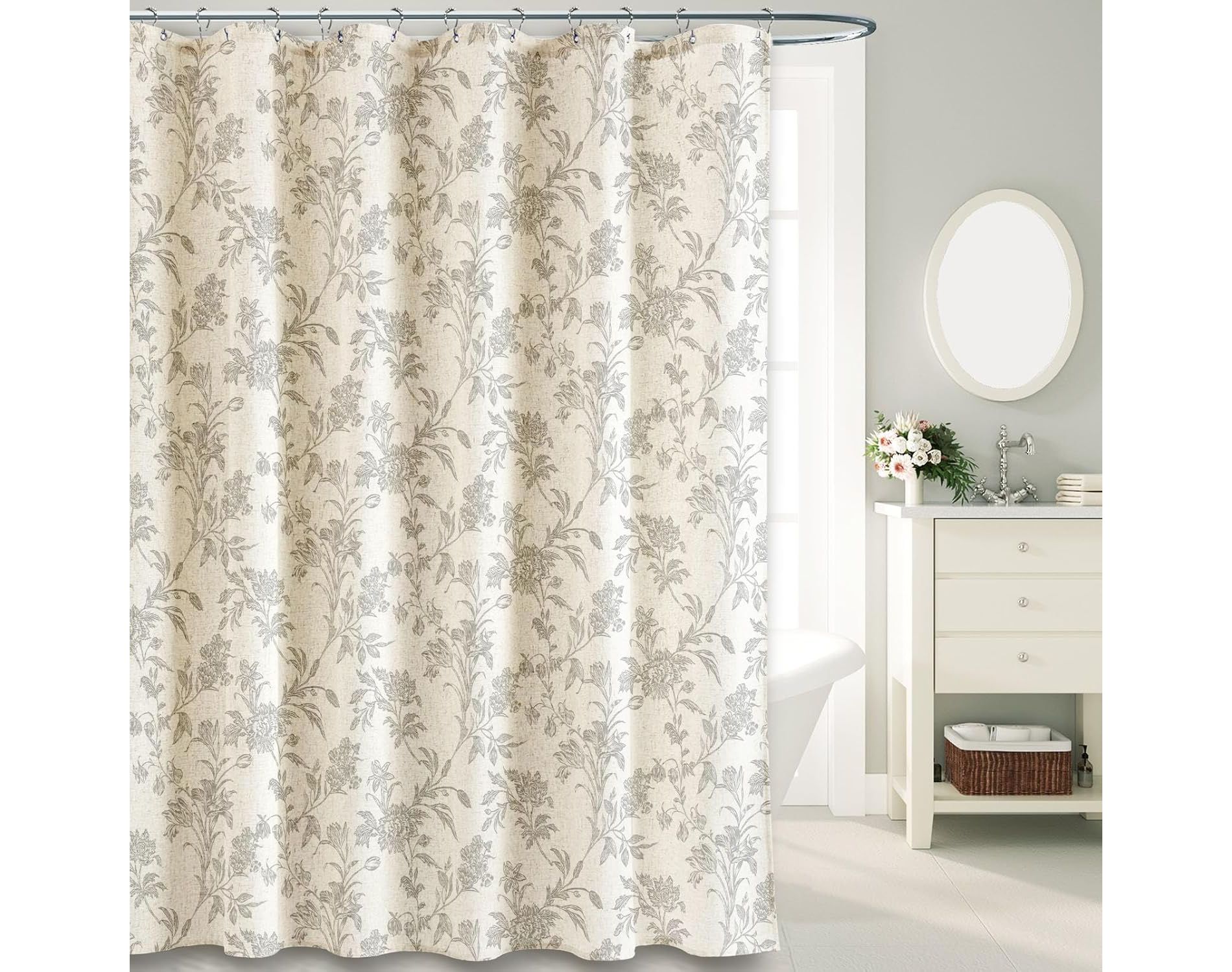 Vintage Farmhouse Shower Curtain for Bathroom Grey Shower Curtain Floral Cotton Linen 70.8x70.8 Inch