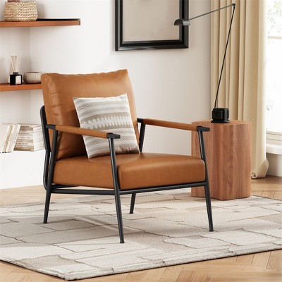 Modern Accent Chair, Faux Leather Reading Armchair with Metal Leg, Upholstered Sofa Side Chair, Lounge Chair for Living Room Bedroom Balcony