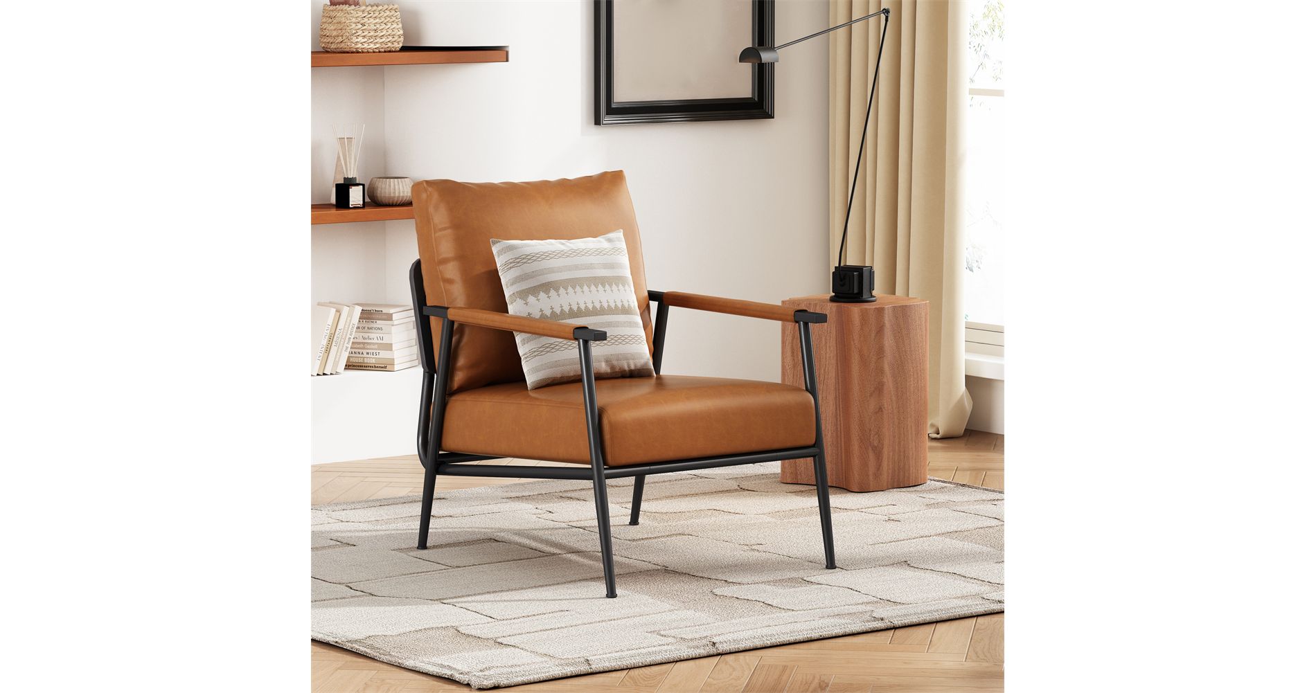 Modern Accent Chair, Faux Leather Reading Armchair with Metal Leg, Upholstered Sofa Side Chair, Lounge Chair for Living Room Bedroom Balcony