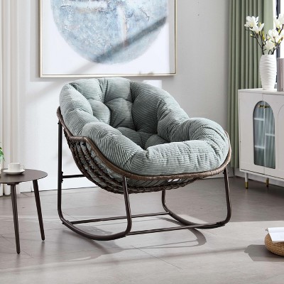 VYNXARIA Outdoor Rattan Rocking Chair,Padded Cushion Rocker Recliner Chair Outdoor for Front Porch, Living Room, Patio, Garden, Light Green