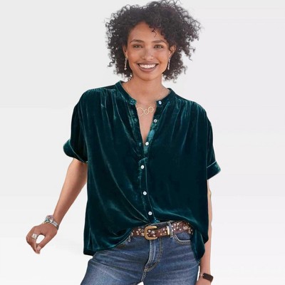 Womens Summer Tops Short Sleeve Velvet Shirt Front Button Down V Neck Summer Tops Casual Loose Fit Blouse