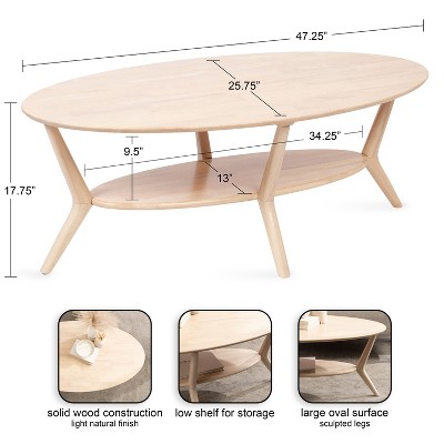 Natural Wood Oval Coffee Table with Storage and Sculptured Legs