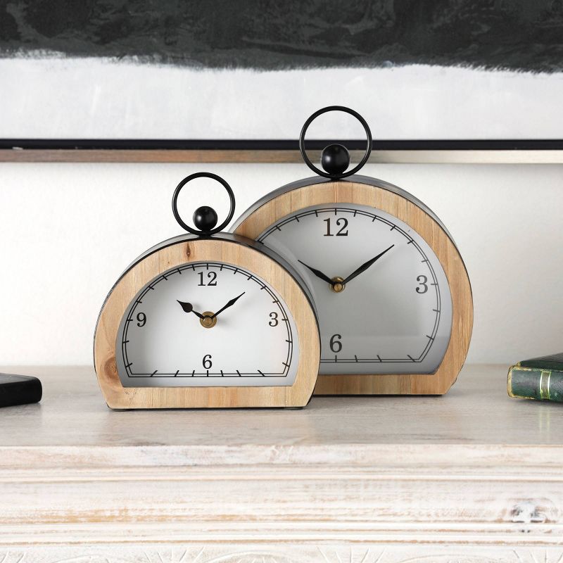 Set of 2 Wooden Semi-Circle Clocks with Brown Wooden Frame and Ring Handle - Olivia & May, 2 of 9