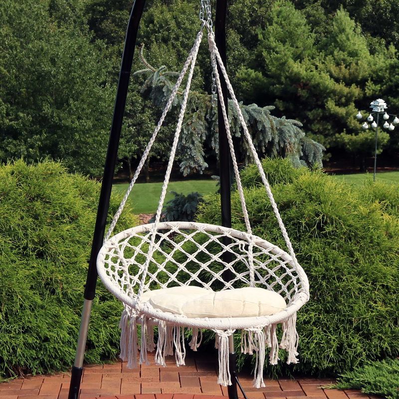 Sunnydaze Indoor/Outdoor Cotton Rope Hammock Chair Bohemian Macrame Hanging Netted Swing with Mounting Hardware, Seat Cushion, and Tassels - Off-White, 2 of 13