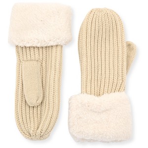 French Connection Women's Knit Mittens with Plush Faux Pile High Fleece Cuff - Cozy Winter Gloves for Maximum Warmth and Style in Cream - 1 of 4