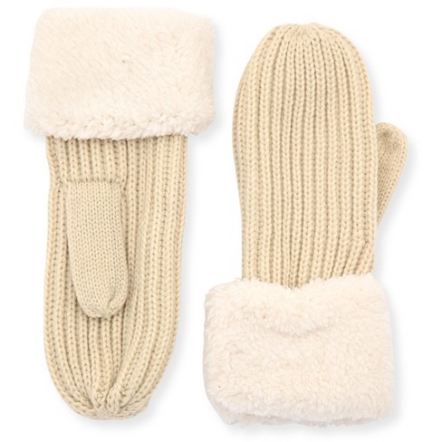 French Connection Women's Knit Mittens with Plush Faux Pile High Fleece Cuff - Cozy Winter Gloves for Maximum Warmth and Style in Cream - image 1 of 4