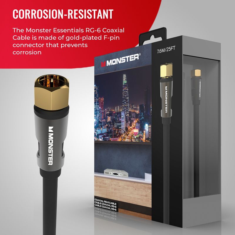 Monster Essentials Coaxial Video Cable - RG-6 Coax Cable Featuring Gold-Plated F-Pin Connector, Duraflex Protective Jacket, and Aluminum Extruded Shell, 2 of 9