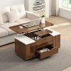 Vynxaria Modern Coffee Table - Multi-Functional Lift-Top with Hidden Storage, 4 Stools (w/Storage) & Lockable Casters, Walnut & White - 3 of 4