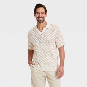 Men's Short Sleeve Open-Work Johnny Collar Polo Sweater