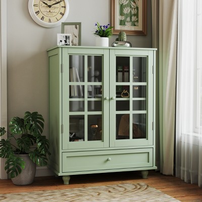 Modern Buffet Cabinet with Glass Doors & Adjustable Shelf,Small Wooden Sideboard with Drawer for Entryway or Living Room-Baofuwish