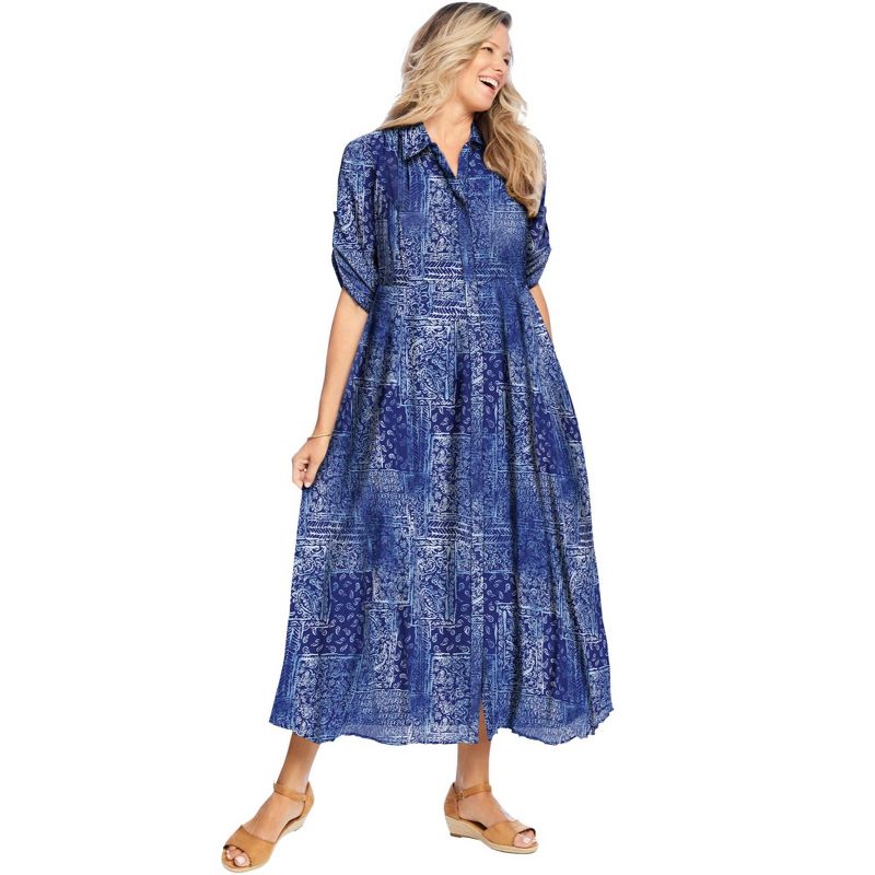 Woman Within Women's Plus Size Roll-Tab Sleeve Crinkle Shirtdress, 1 of 2