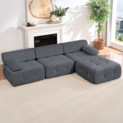 Mjkone L-Shaped Velvet 3-Seater Modular Sectional Sofa With Ottoman, Convertible Sofa Couches with Rivet Trim
